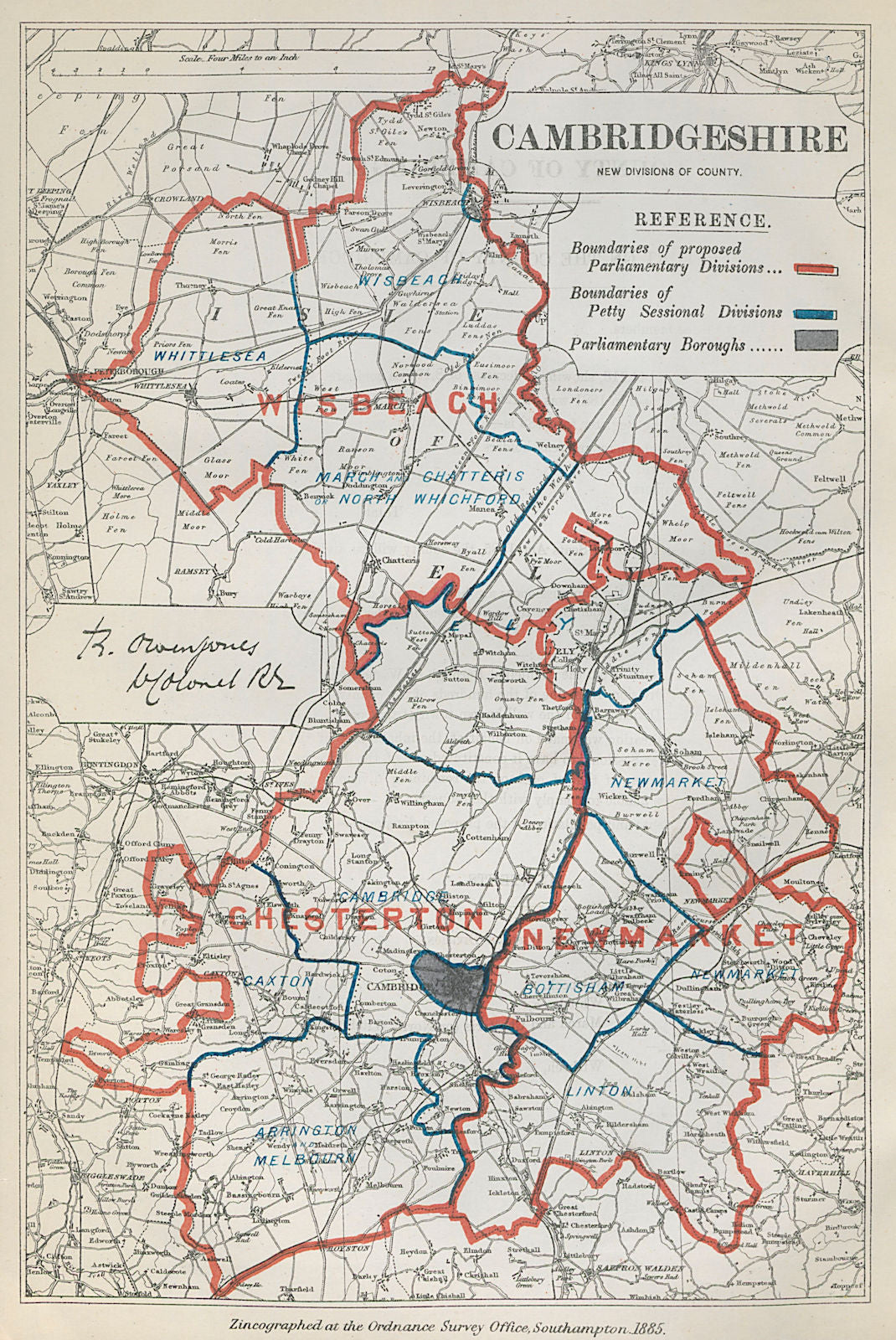 Cambridgeshire Parliamentary Divisions. Newmarket. BOUNDARY COMMISSION 1885 map